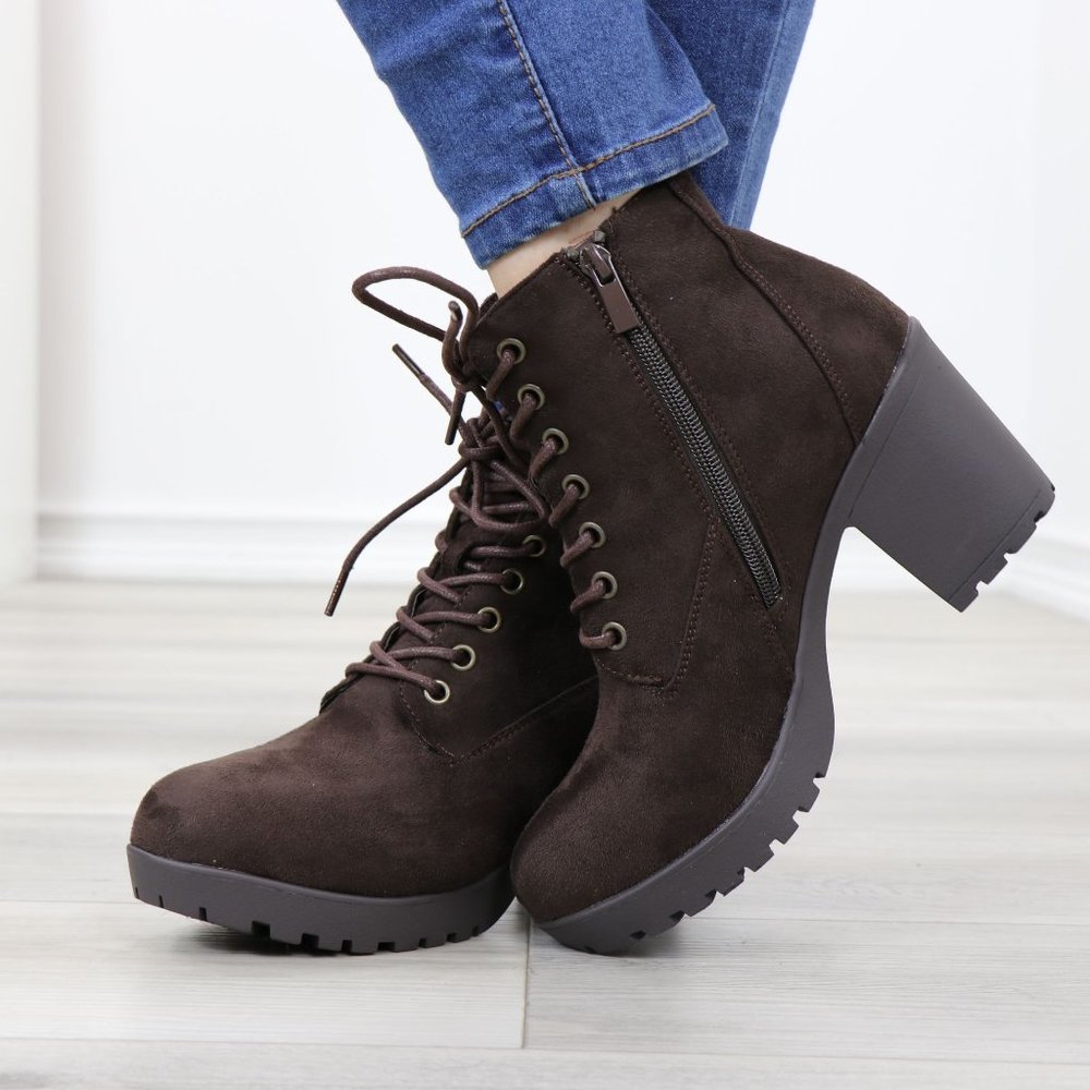 Brown Faux Suede Lace-Up Lug Chunky Block High Heel Ankle Boots - Picture 8 of 12